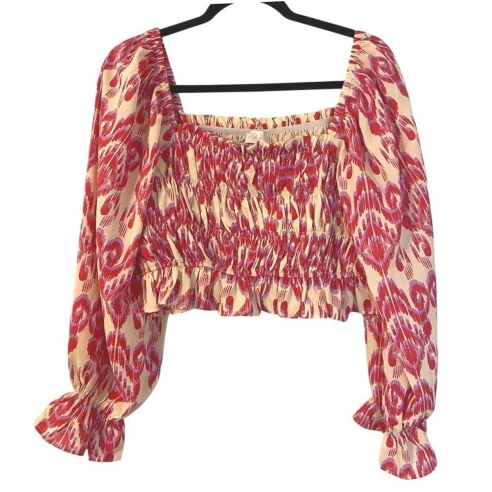 Pink Lily Smocked Crop Top L Red Purple Ikat Print Long Sleeve Boho Cottagecore